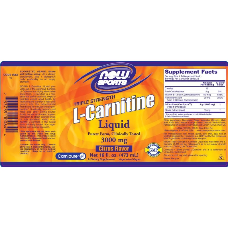 L-Carnitine Liquid 3000 mg / 465 мл - NOW Foods