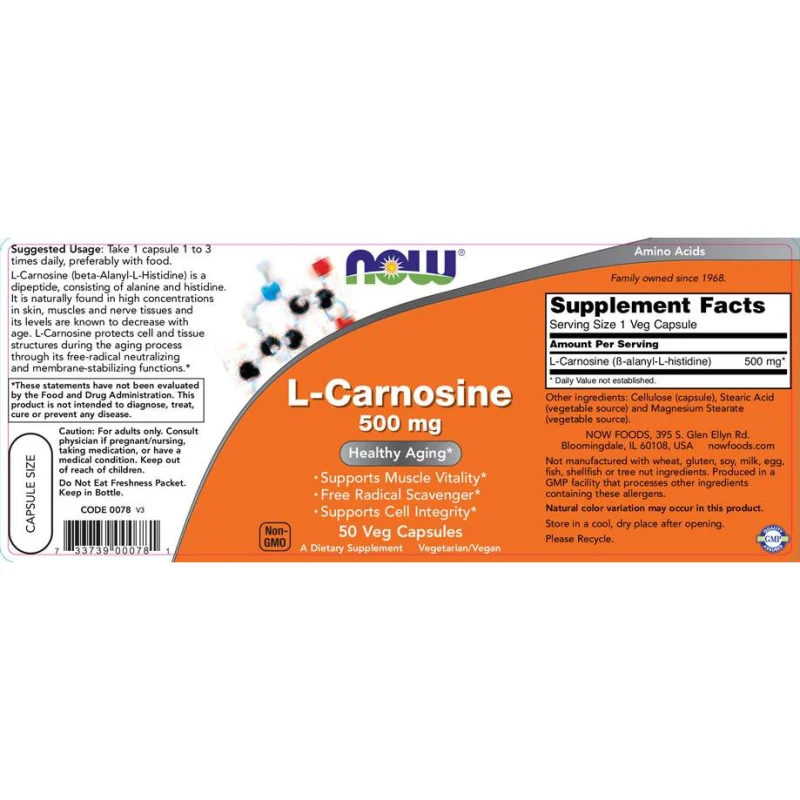 L-Carnosine 500 mg (50 дози) / 50 капсули - NOW Foods