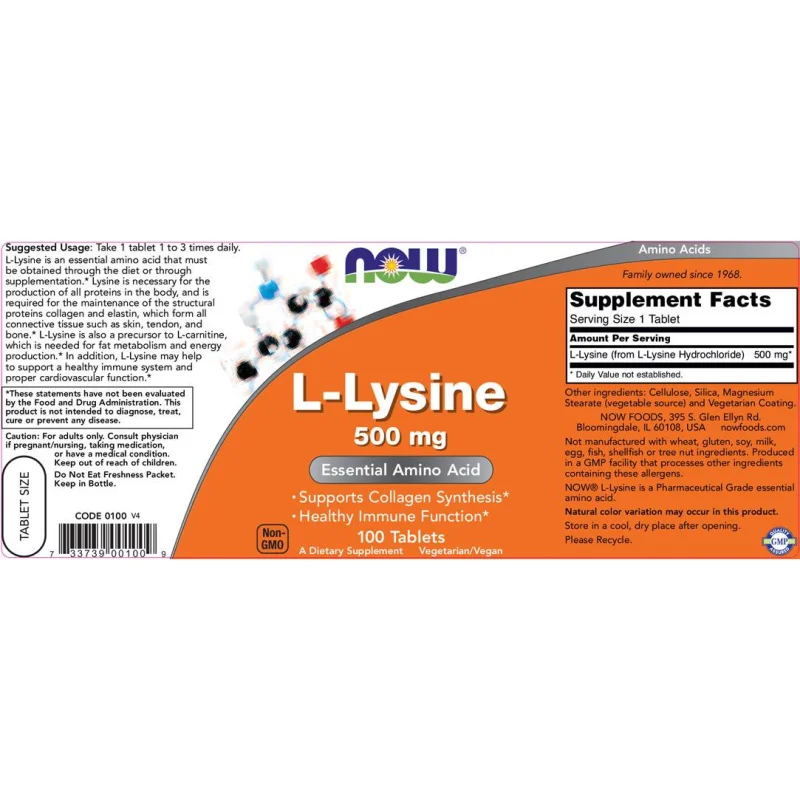 L-Lysine 500 mg / 100 Таблетки - NOW Foods