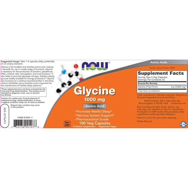 Glycine 1000 mg (33 дози) / 100 капсули - NOW Foods