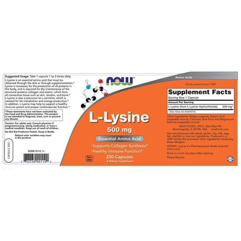 L-Lysine 500 mg (250 дози) / 250 капсули - NOW Foods
