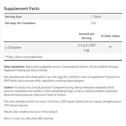 L-Citrulline 1200 mg | Extra Strength (120 дози) / 120 Таблетки - NOW Foods