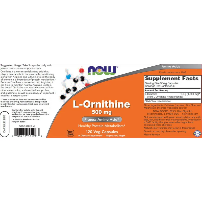 L-Ornithine 500 mg (40 дози) / 120 капсули - NOW Foods