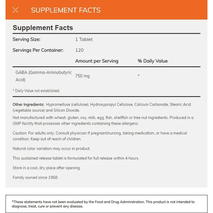 GABA 750 mg / Sustained Release (120 дози) / 120 Таблетки - NOW Foods