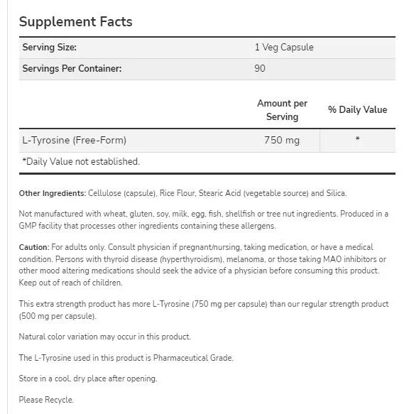L-Tyrosine 750 mg | Extra Strength (90 дози) / 90 капсули - NOW Foods