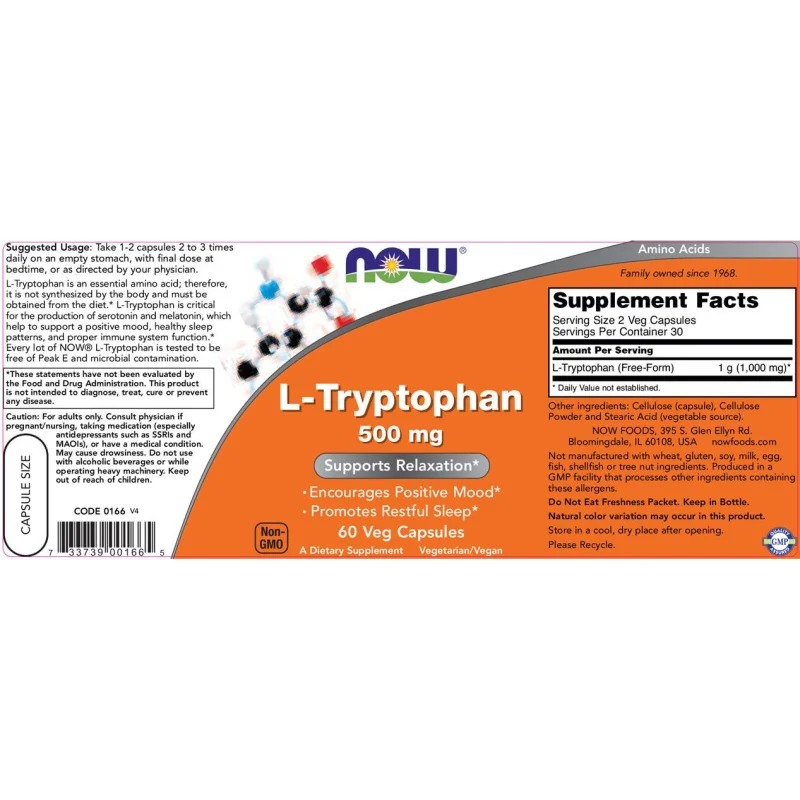Tryptophan 500 mg (30 дози) / 60 капсули - NOW Foods