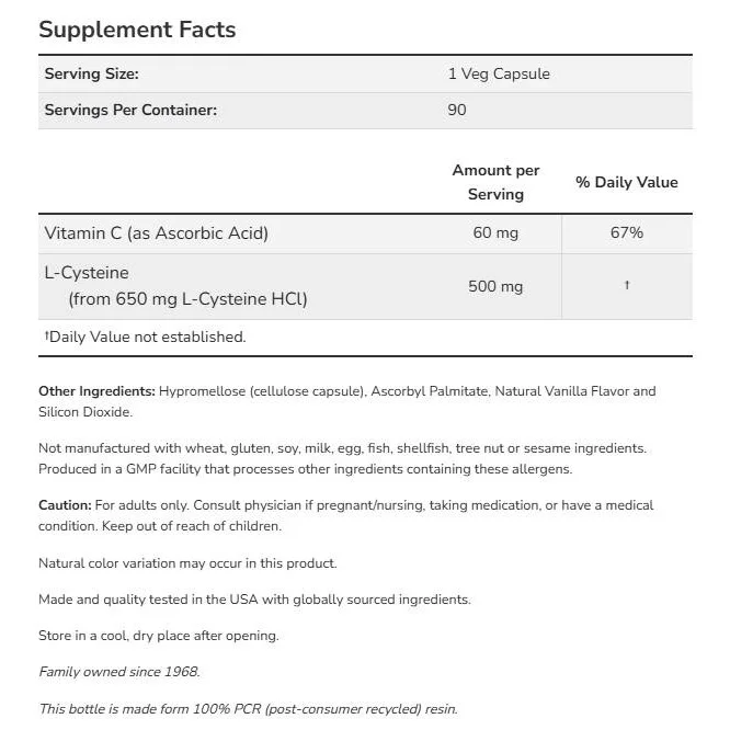 L-Cysteine 500 mg (90 дози) / 90 капсули - NOW Foods