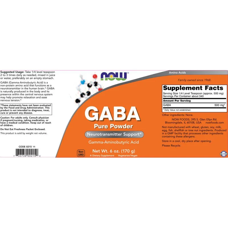 GABA Powder (340 дози) / 170 грама - NOW Foods