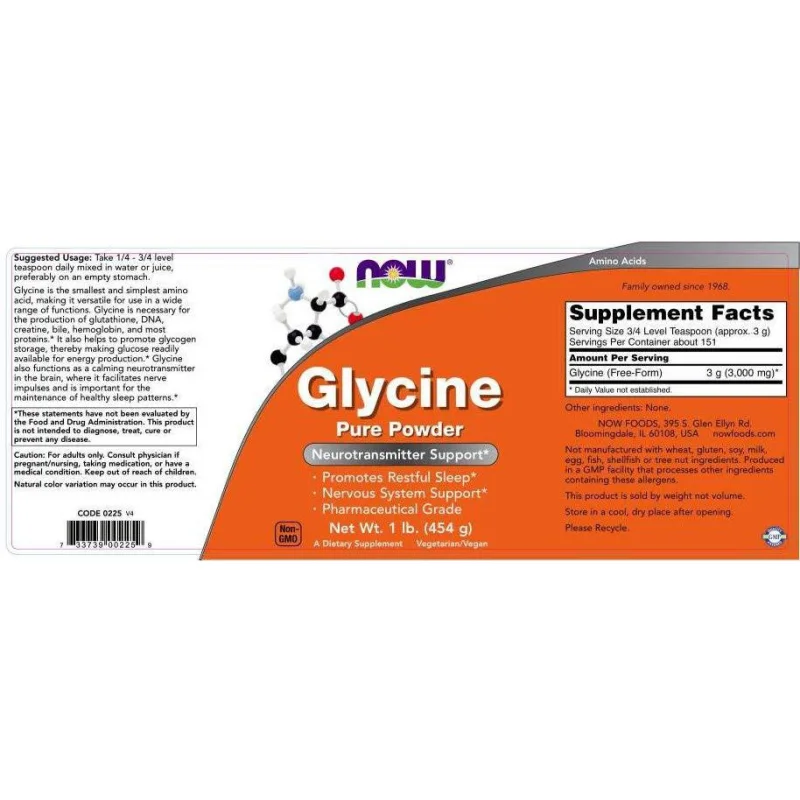 Glycine Powder (151 дози) / 454 грама - NOW Foods