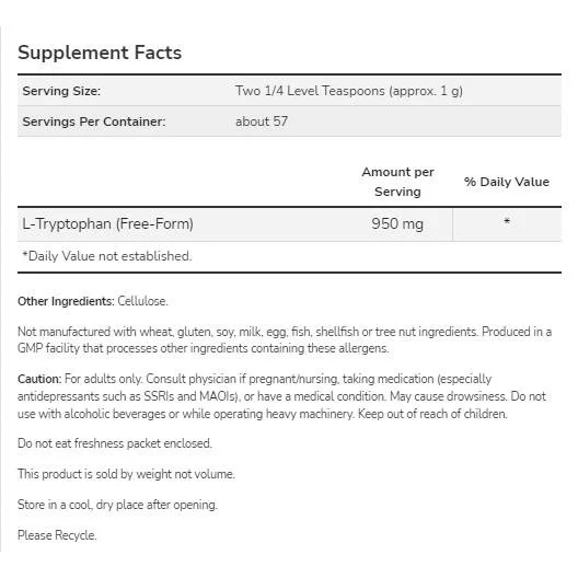 L-Tryptophan Powder (57 дози) / 57 грама - NOW Foods