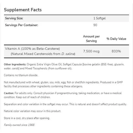 Natural Beta Carotene 25,000 IU (180 дози) / 180 Гел капсули - NOW Foods