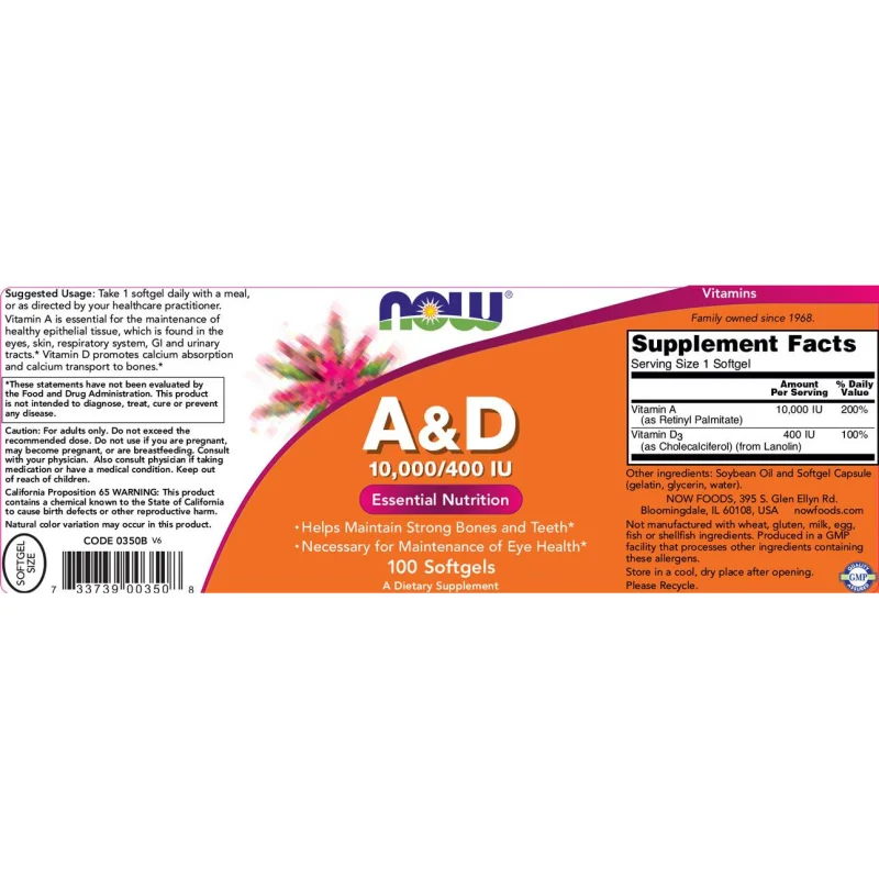 Vitamin A & D 10000/400 IU (100 дози) / 100 Гел капсули - NOW Foods