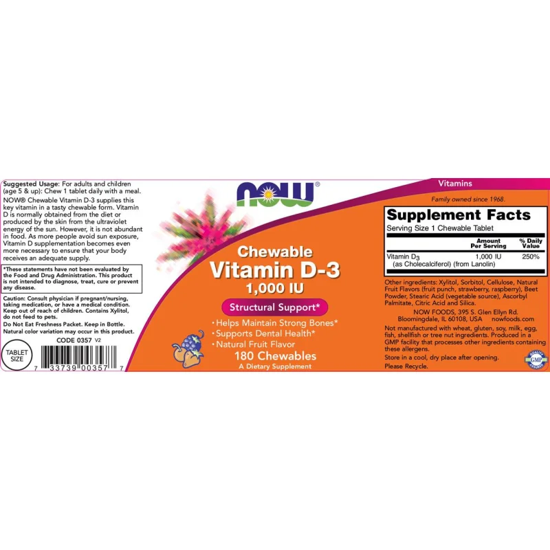 Vitamin D-3 1000 IU | Chewable / 180 Дъвчащи таблетки - NOW Foods