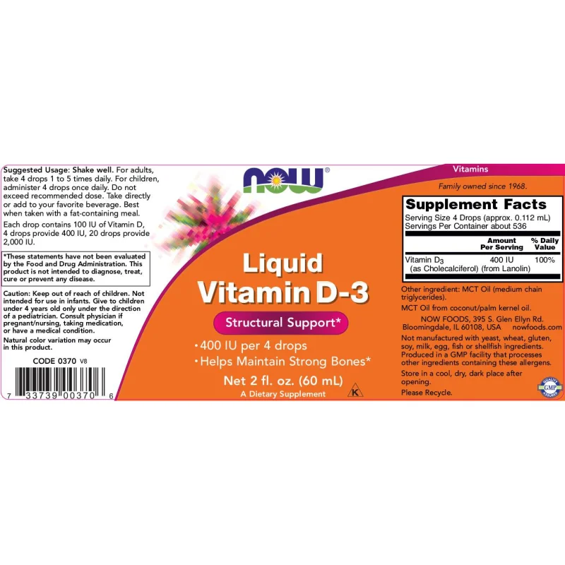 Liquid Vitamin D-3 / 100 IU per drop (527 дози) / 60 мл - NOW Foods