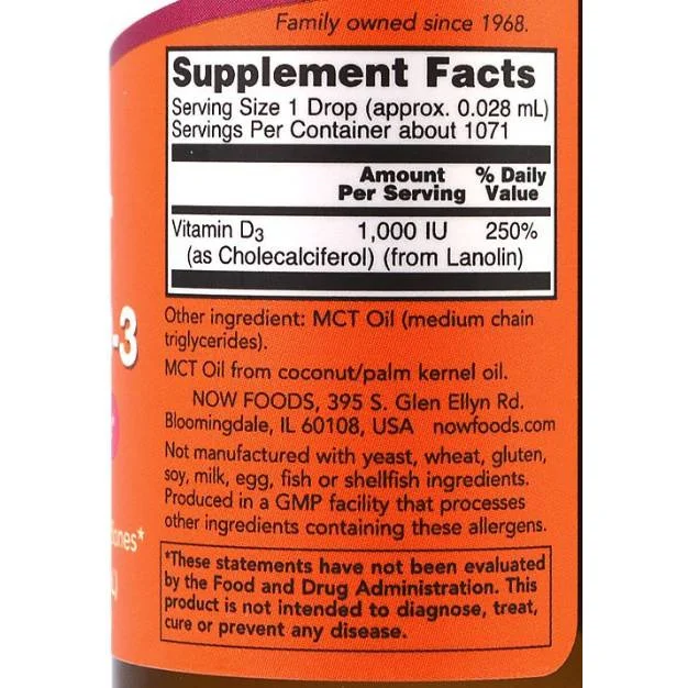 Liquid Vitamin D-3 / Extra Strength / 1000 IU per drop / 30 мл - NOW Foods