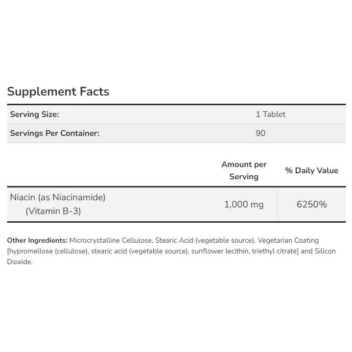 Niacinamide 1000 mg (180 дози) / 90 Таблетки - NOW Foods