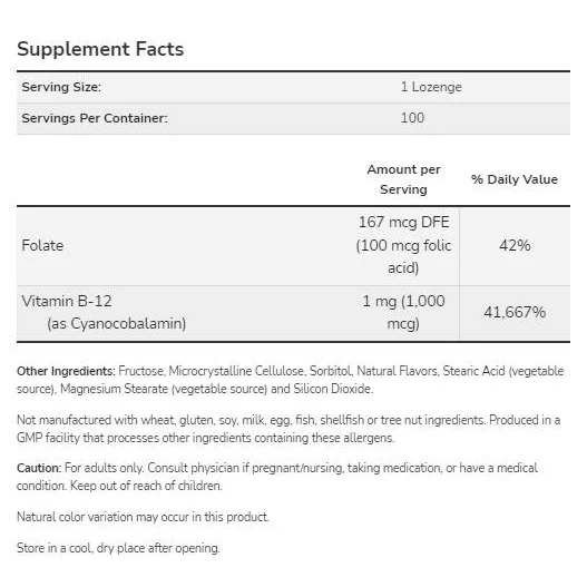 Vitamin B-12 1000 mcg | with Folic Acid (100 дози) / 100 Подезични таблетки - NOW Foods