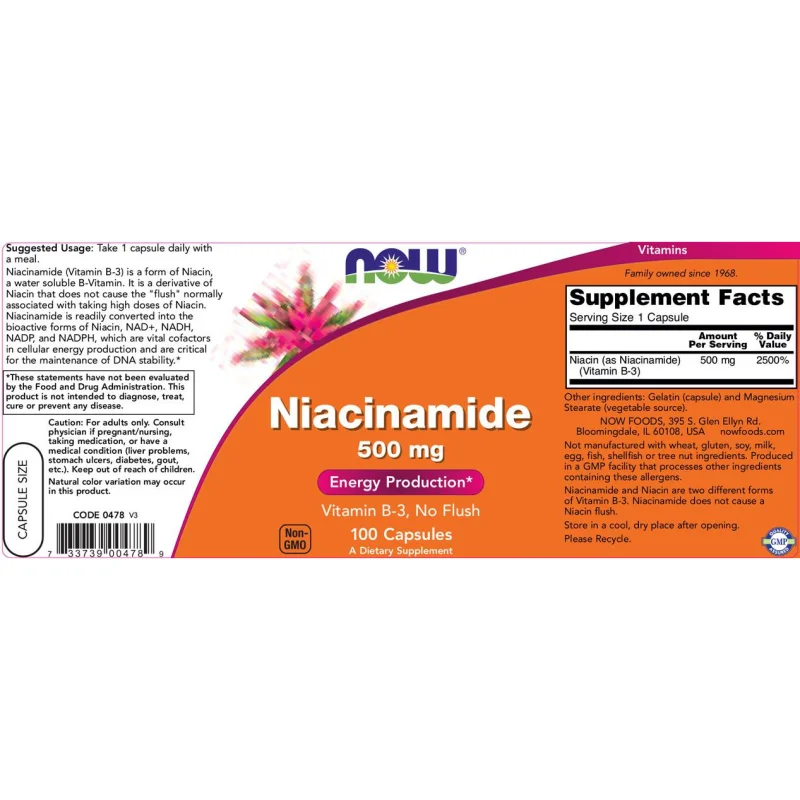 Niacinamide 500 mg (100 дози) / 100 капсули - NOW Foods