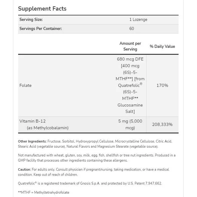 Methyl B-12 5000 mcg | with Folic Acid Quatrefolic® (60 дози) / 120 Подезични таблетки - NOW Foods