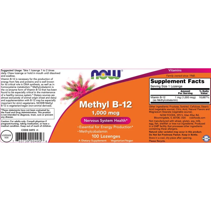 Methyl B-12 1000 mcg / 100 Подезични таблетки - NOW Foods