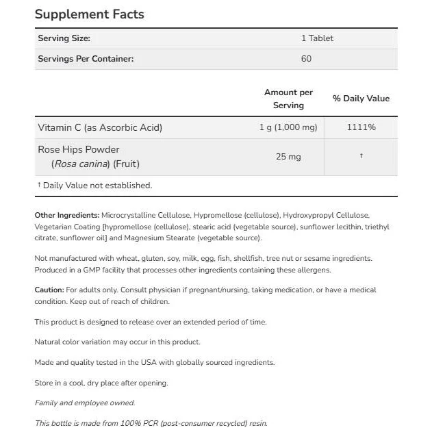 Vitamin C-1000 with Rose Hips / Sustained Release / 60 Таблетки - NOW Foods