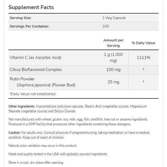 Vitamin C-1000 / with Bioflavonoids (30 дози) / 30 капсули - NOW Foods