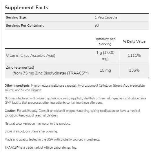 C-1000 Zinc Immune | Vitamin C + Zinc Bisglycinate (180 дози) / 180 капсули - NOW Foods