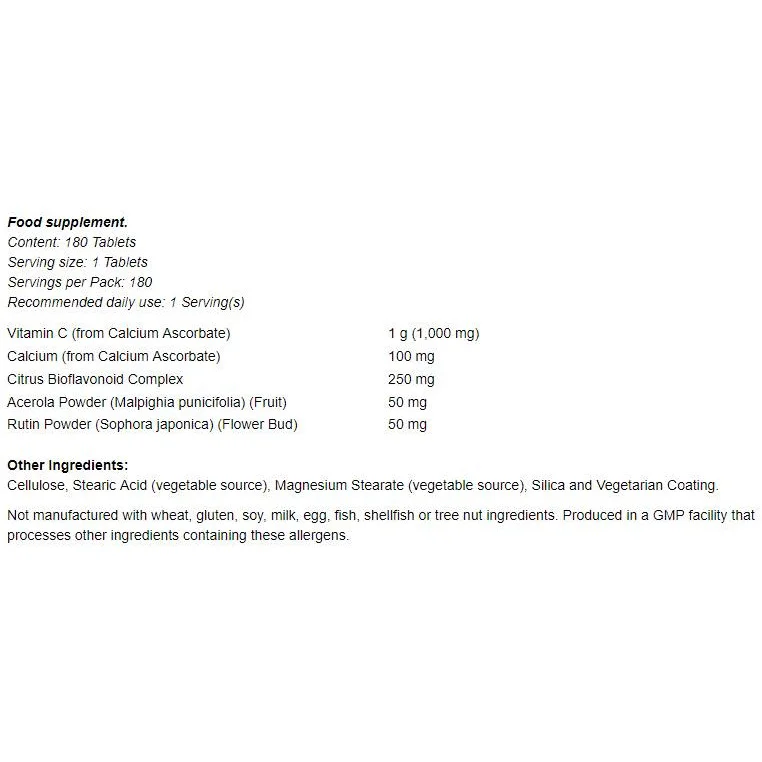 Vitamin C-1000 Complex - Buffered with 250 mg Bioflavonoids (180 дози) / 180 Таблетки - NOW Foods