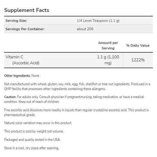 Vitamin C | Ascorbic Acid - Pharmaceutical Grade (206 дози) / 227 грама - NOW Foods