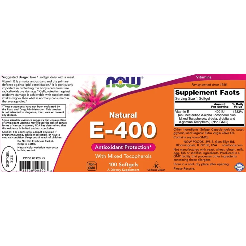 Vitamin E-400 IU MT / 100 Гел капсули - NOW Foods