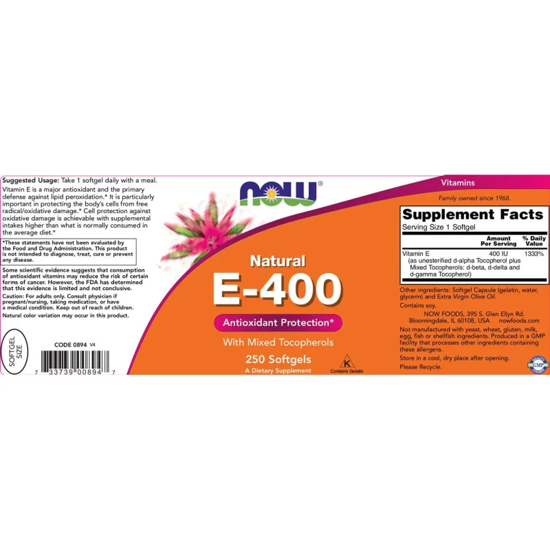 Vitamin E-400 IU MT / 250 Гел капсули - NOW Foods