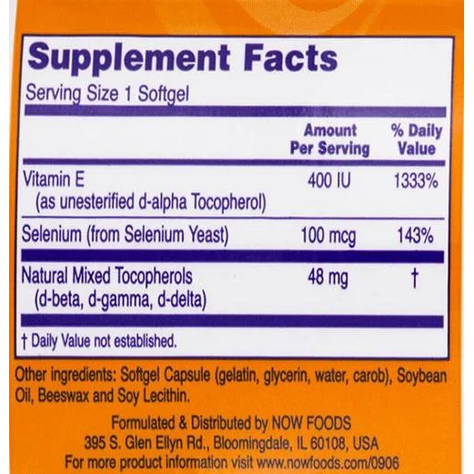 Vitamin E-400 + Selenium (100 дози) / 100 Гел капсули - NOW Foods