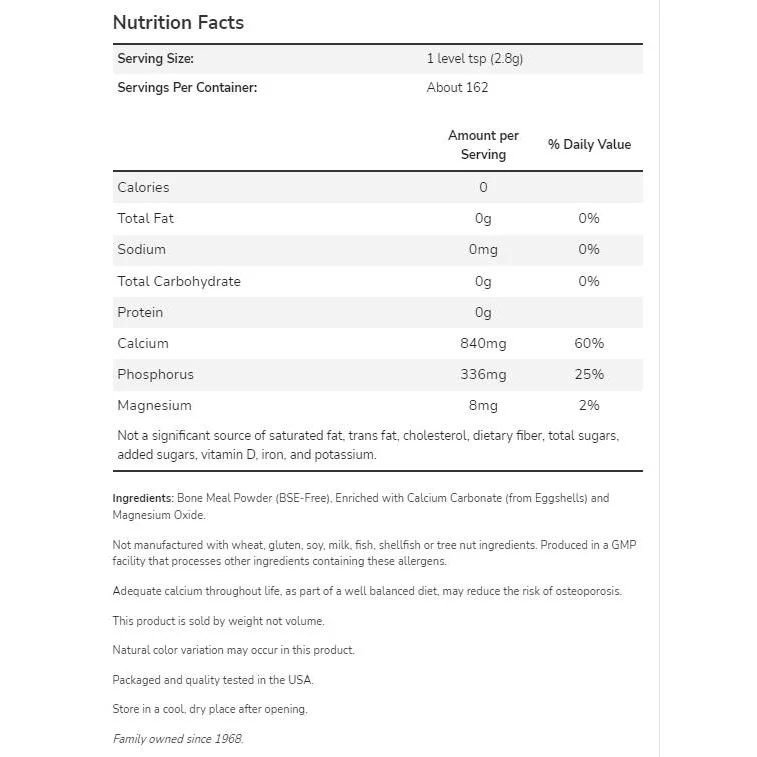 Bone Meal Powder | Excellent Calcium Source (162 дози) / 454 грама - NOW Foods