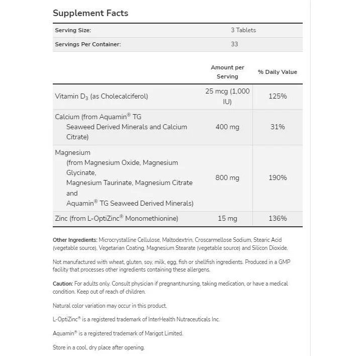 Magnesium & Calcium | with Vitamin D3 & L-OptiZinc (33 дози) / 100 Таблетки - NOW Foods