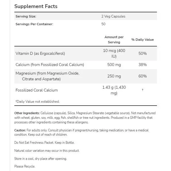 Coral Calcium Plus | with Calcium, Magnesium & Vitamin D (125 дози) / 250 капсули - NOW Foods