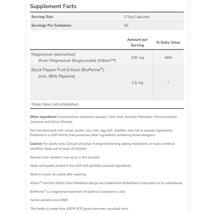Magnesium Glycinate with BioPerine® | Highly Absorbable Magnesium Bisglycinate (90 дози) / 180 капсули - NOW Foods