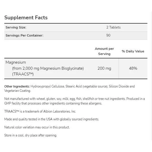 Magnesium Glycinate | Highly Absorbable Magnesium Bisglycinate (90 дози) / 180 Таблетки - NOW Foods