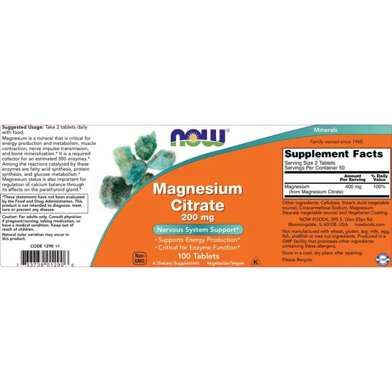 Magnesium Citrate 200 mg / 100 Таблетки - NOW Foods
