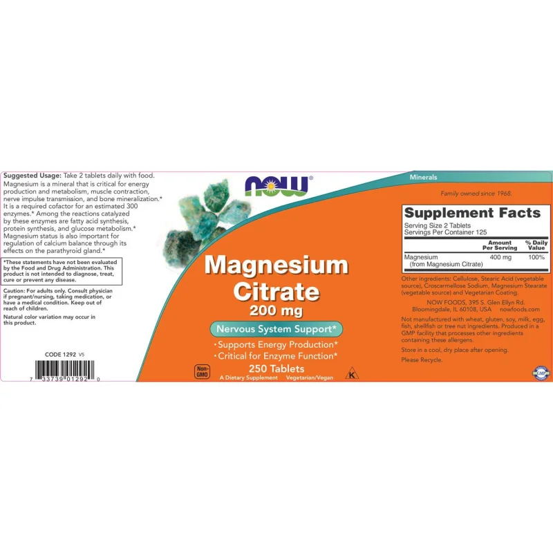Magnesium Citrate 200 mg / 250 Таблетки - NOW Foods