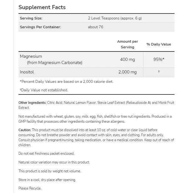 Magnesium Inositol Relax Powder (76 дози) / 454 грама - NOW Foods