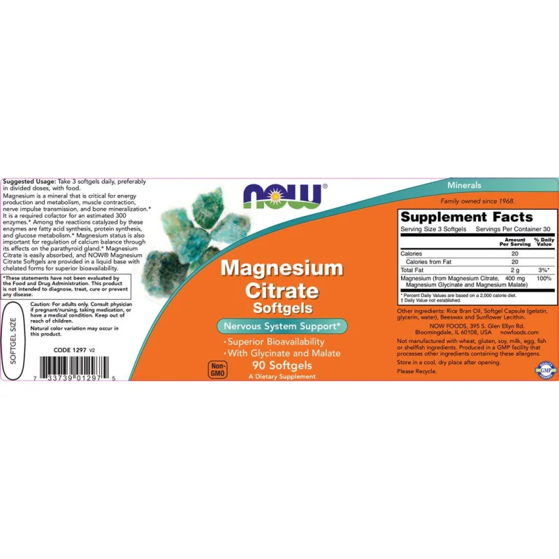 Magnesium Citrate Softgels (30 дози) / 90 Гел капсули - NOW Foods