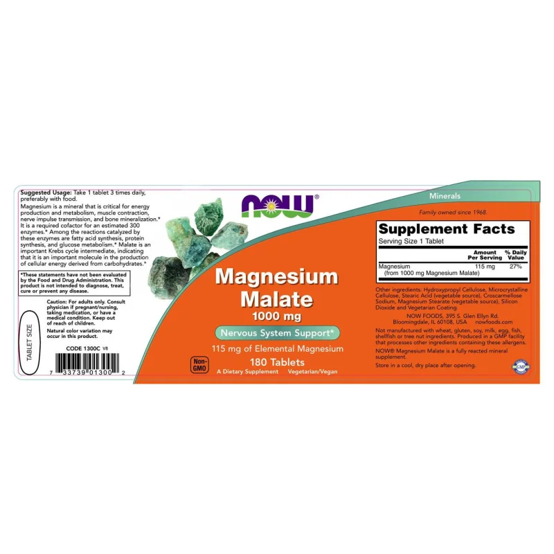 Magnesium Malate 1000 mg (180 дози) / 180 Таблетки - NOW Foods