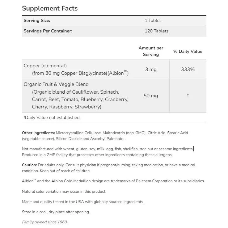 Copper Glycinate 3 mg | Albion™ Copper Bisglycinate (120 дози) / 120 Таблетки - NOW Foods