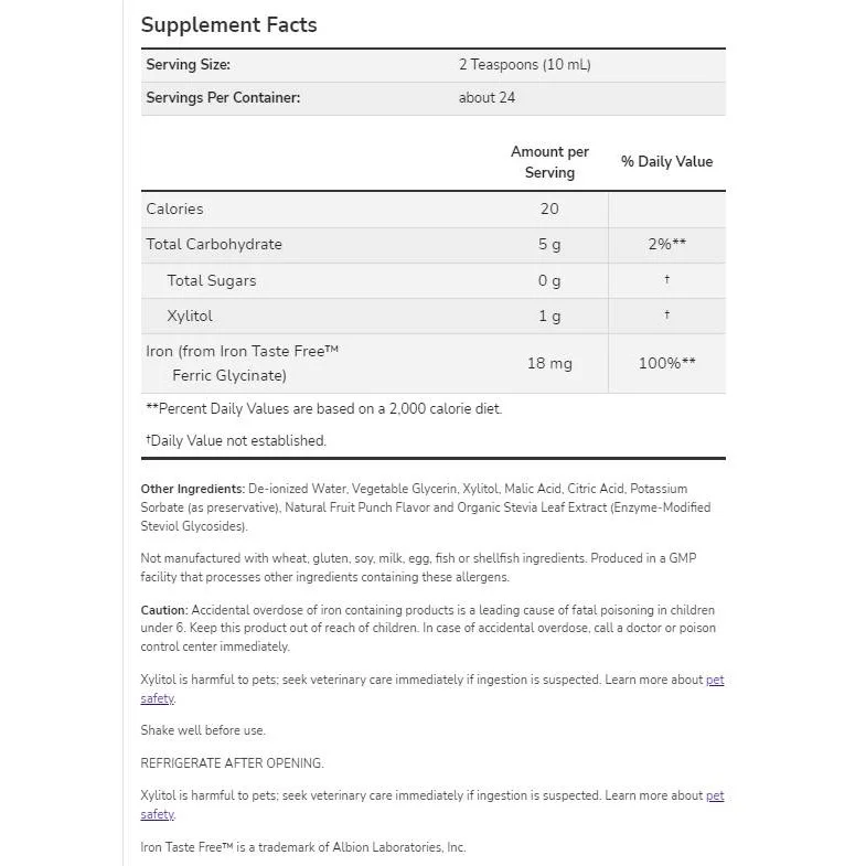 Iron Liquid | from Iron Taste Free™ Ferric Glycinate (24 дози) / 237 мл - NOW Foods