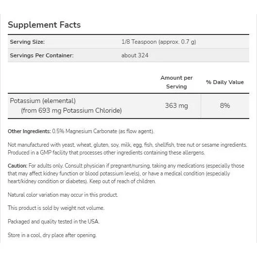 Potassium Chloride Powder (324 дози) / 227 грама - NOW Foods