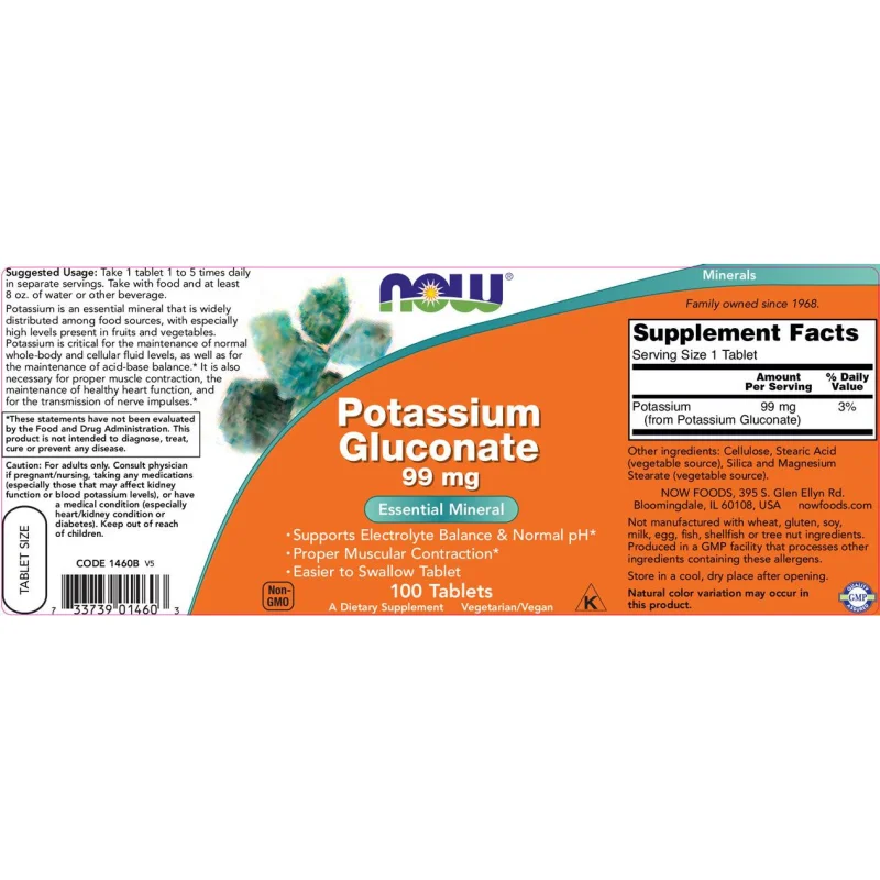 Potassium Gluconate (100 дози) / 100 Таблетки - NOW Foods
