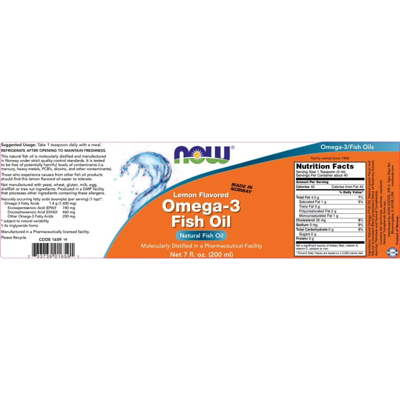 Omega 3 Liquid (40 дози) / 200 мл - NOW Foods