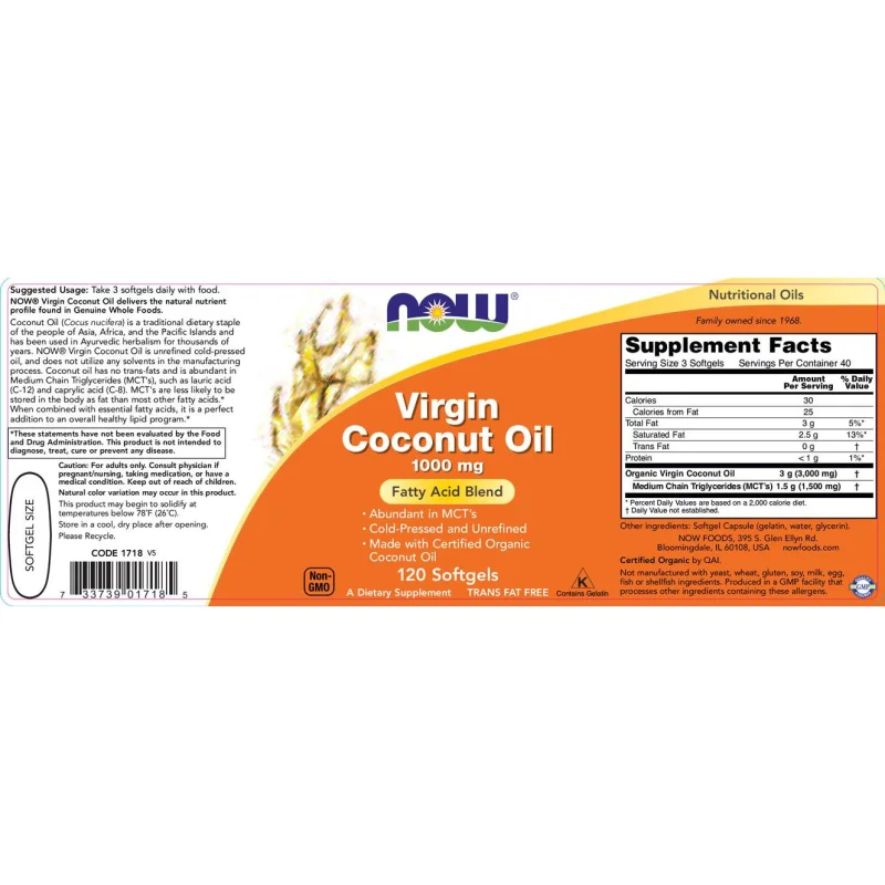 Virgin Coconut Oil 1000 mg / 120 Гел капсули - NOW Foods