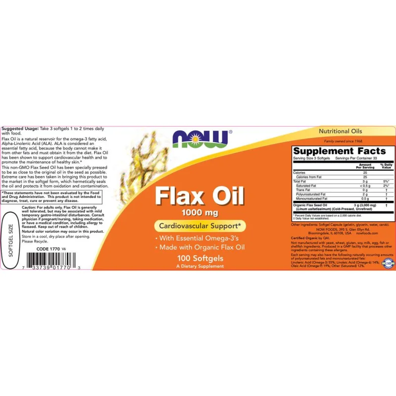 Flax Oil Organic 1000 mg / 100 Гел капсули - NOW Foods