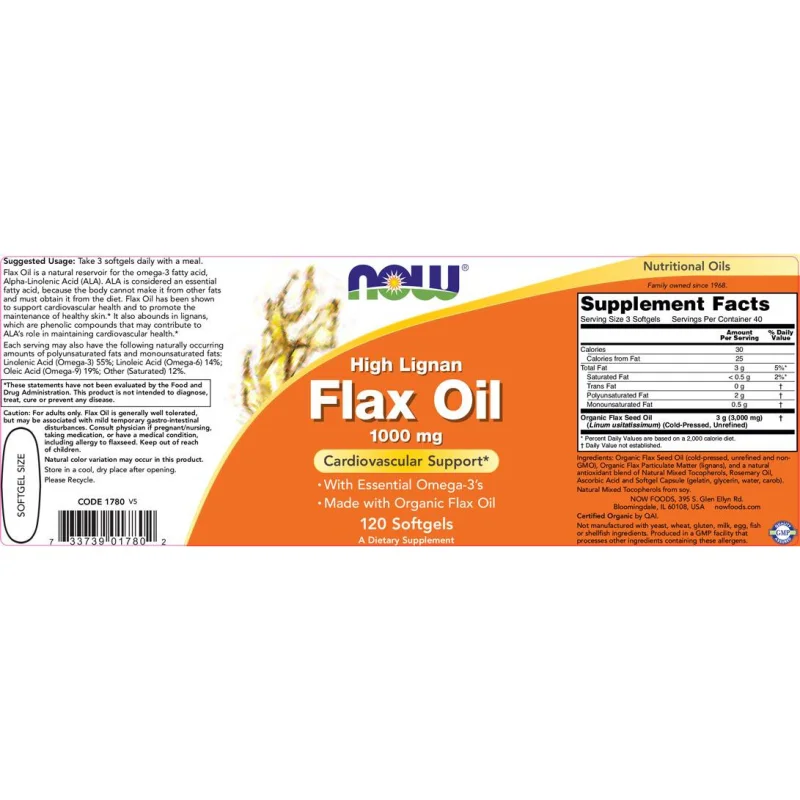 Flax Oil (High Lignan) 1000 mg / 120 Гел капсули - NOW Foods
